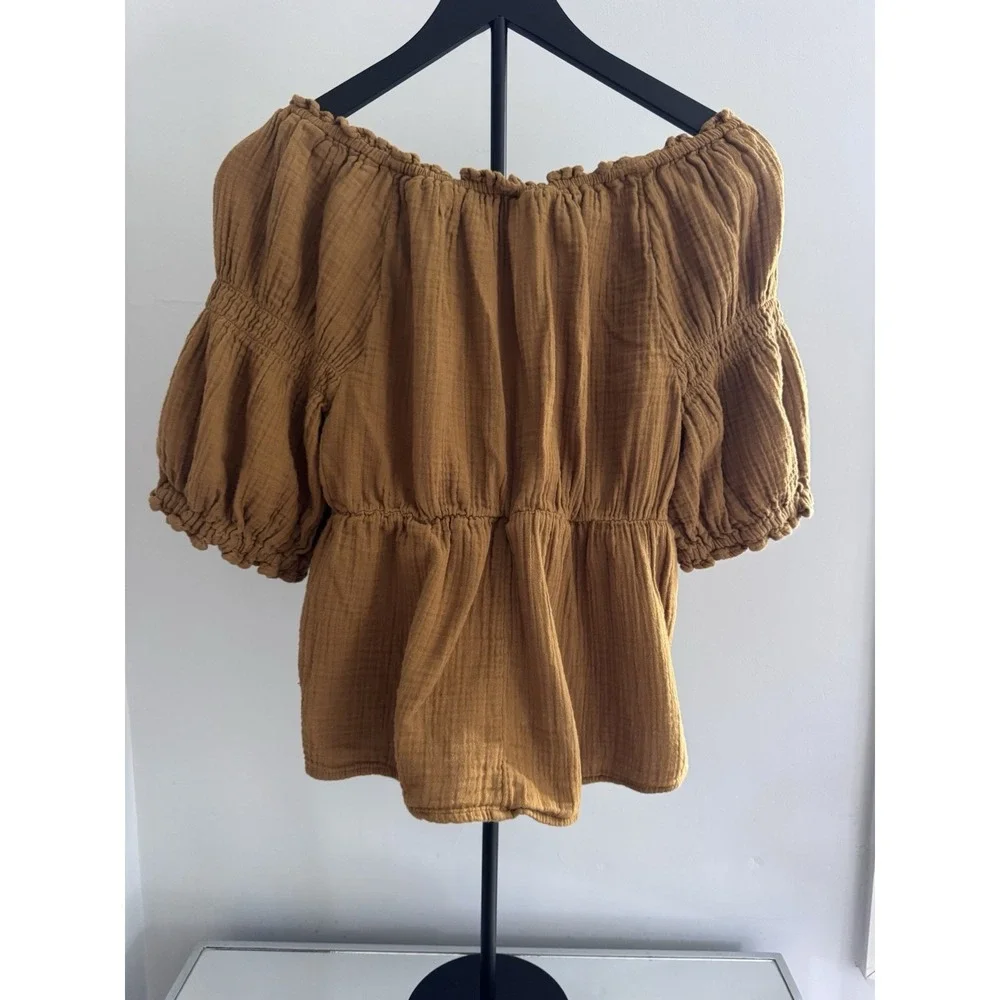 Old Navy 100% Cotton Gauze Peasant‎ Top Gold Mustard Off Shoulder Boho L